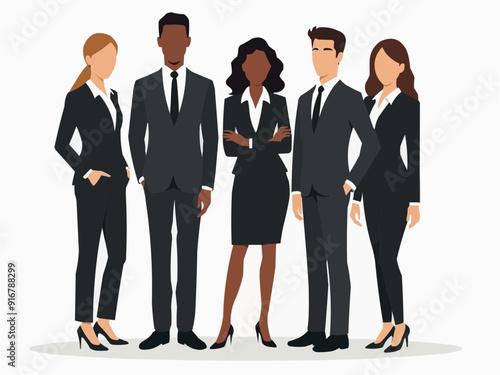 Vector illustration of group of business people standing. Diverse business people standing, men and women full length. Inclusive business concept. Vector illustration isolated on white background