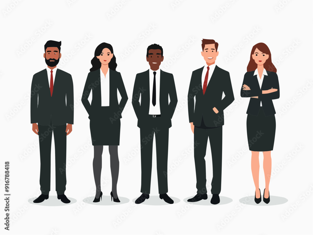 Vector illustration of group of business people standing. Diverse business people standing, men and women full length. Inclusive business concept. Vector illustration isolated on white background Vector illustration of group of business people standing. Diverse business people standing, men and women full length. Inclusive business concept. Vector illustration isolated on white background
