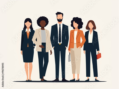 Vector illustration of group of business people standing. Diverse business people standing, men and women full length. Inclusive business concept. Vector illustration isolated on white background
