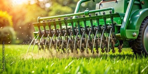 Close-up of a lawn aerator machine ripping through the lush green grass, removing plugs of soil to improve airflow, reduce soil compaction, and promote growth. photo