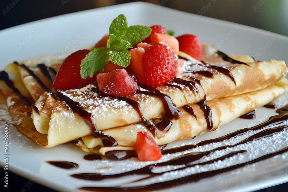 Delisious Crepes stuffed with chocolate spread and berries on white plate commercial advertising photo Delisious Crepes stuffed with chocolate spread and berries on white plate commercial advertising photo