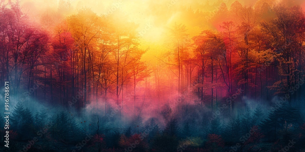 Abstract depiction of a forest, with layered shapes and vibrant hues, evoking the beauty and complexity of nature,