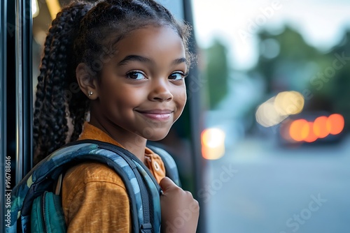 Smiling black student kid Boarding School Bus On A Sunny Day