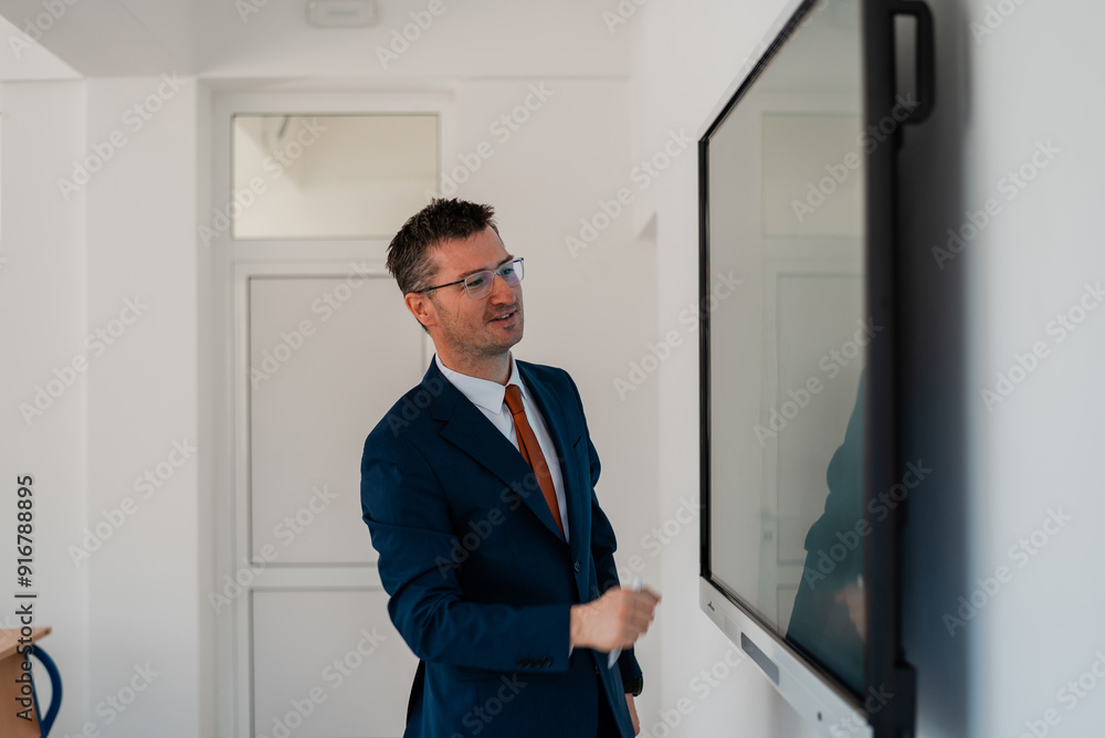 University male teacher giving lecture in the classroom or business man presenter public speaking in a conference room meeting using a display screen board. . University male teacher giving lecture in the classroom or business man presenter public speaking in a conference room meeting using a display screen board. .