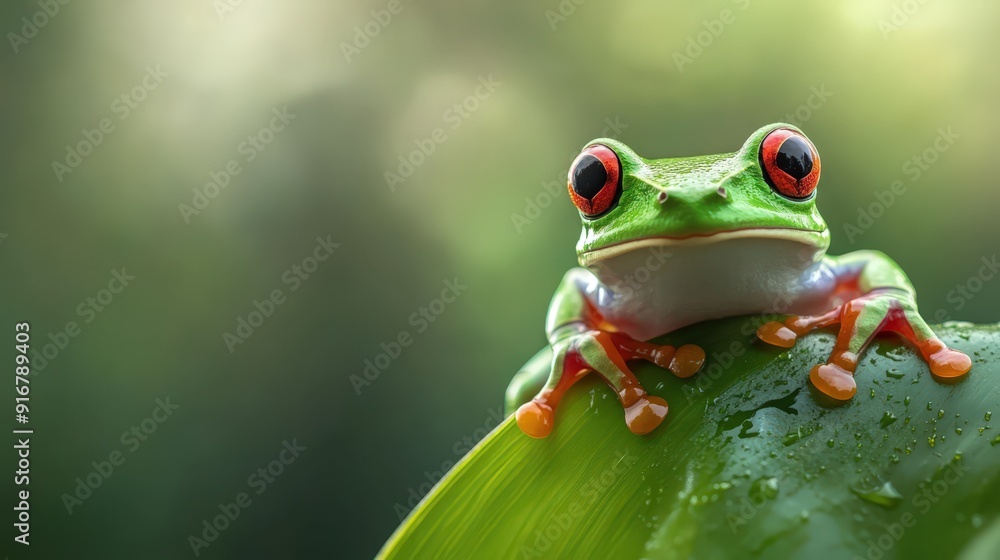 Fototapeta premium Red-Eyed Tree Frog on Leaf Close-Up of Vibrant Tropical Amphibian in Natural Habitat for Nature and Wildlife Themes
