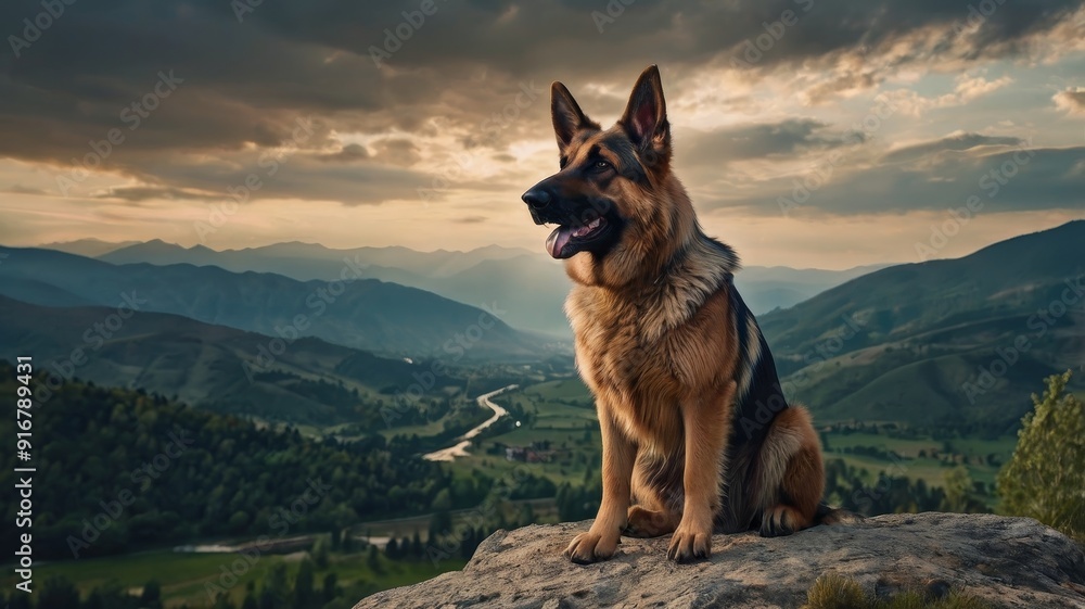 Majestic German Shepherd Overlooking Mountainous Landscape at Sunset