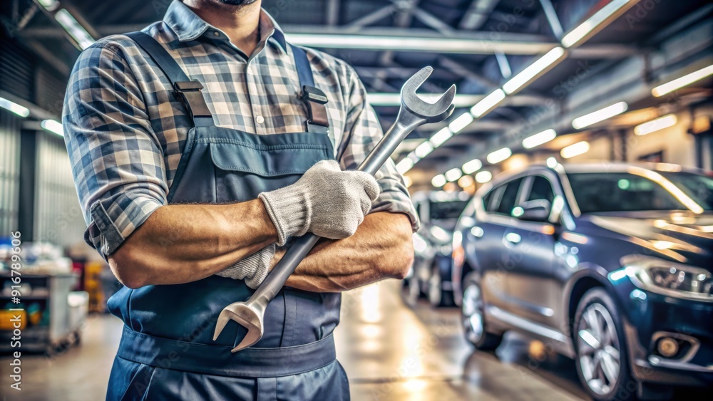 Close-up of a mechanic's hands holding a wrench, surrounded by scattered tools and car parts, against a blurred background of a busy garage workshop. Close-up of a mechanic's hands holding a wrench, surrounded by scattered tools and car parts, against a blurred background of a busy garage workshop.