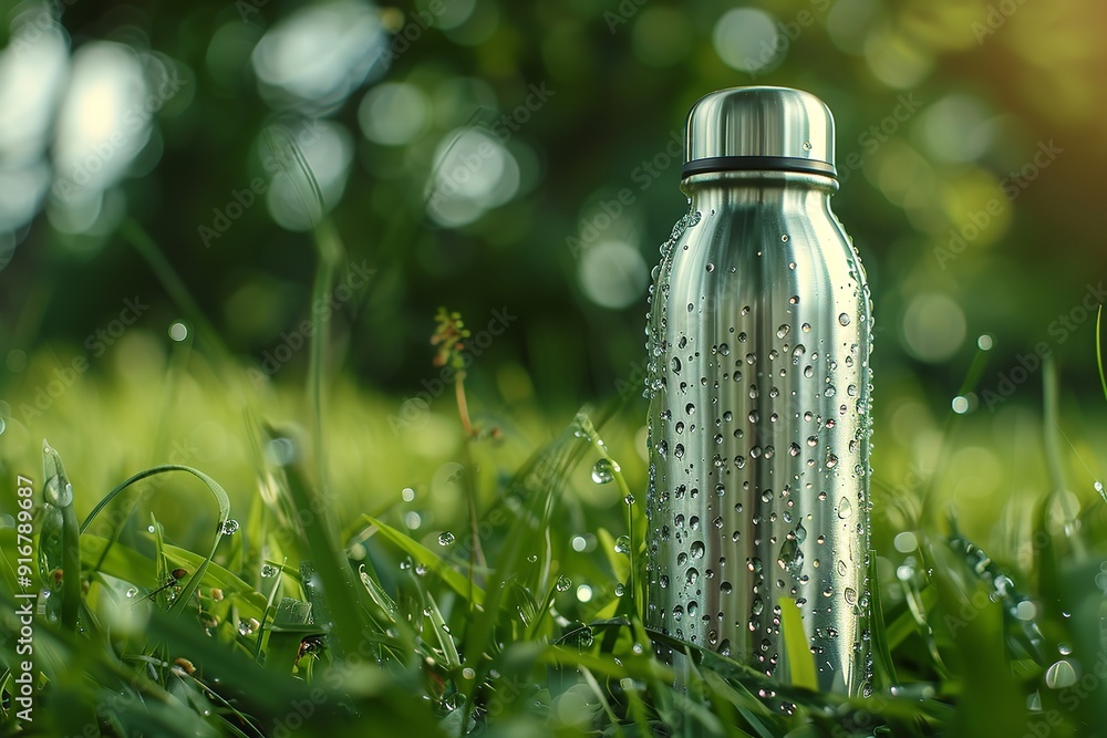 Water bottle made of stainless steel with drops on the grass, Generative AI. Water bottle made of stainless steel with drops on the grass, Generative AI.