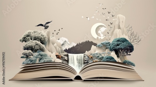 Open Book of Nature with Mountains, Waterfall and Birds