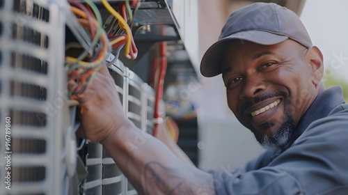 Technician repairing a Air conditioner outdoor at a Home