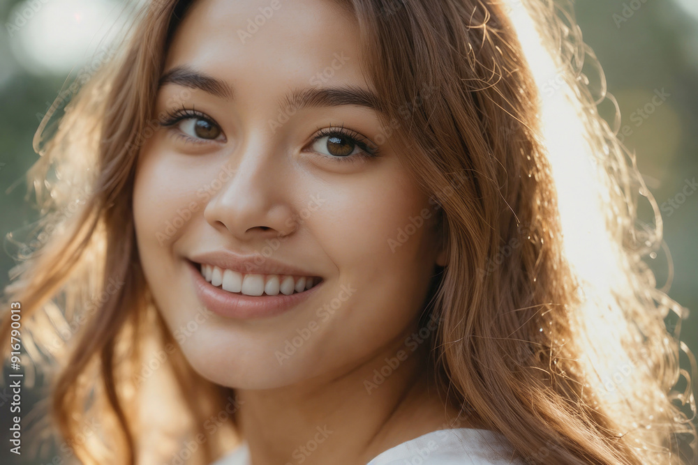Beautiful Asian woman face with brunette hair and brown eyes is smiling and looking at the camera. Concept of happiness and positivity Beautiful Asian woman face with brunette hair and brown eyes is smiling and looking at the camera. Concept of happiness and positivity