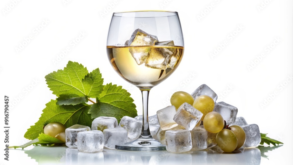 Frosted wine glass filled with chilled white wine, overflowing with ice cubes, isolated on white background, showcasing refreshing summer drink, perfect for relaxation. Frosted wine glass filled with chilled white wine, overflowing with ice cubes, isolated on white background, showcasing refreshing summer drink, perfect for relaxation.