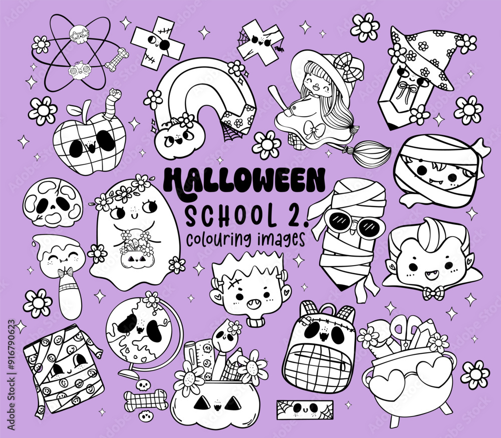 Fototapeta premium Retro Halloween School Supplies colouring image Collection Cute Back to School Spooky Cartoon Doodle Characters set
