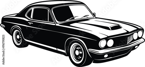 Black silhouette of A classic Car isolated white background