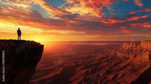 A silhouette of a person standing on a cliff, overlooking a breathtaking sunset over the mountains and valleys. photo