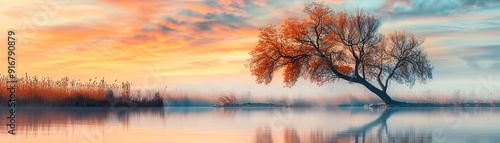 Panoramic view of a graceful willow tree, capturing its flowing branches and tranquil vibe in a sweeping natural landscape 8K , high-resolution, ultra HD,up32K HD