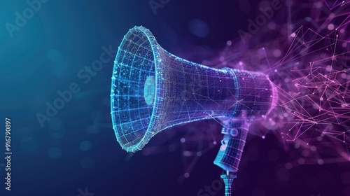 Futuristic digital megaphone emitting glowing connections, representing modern digital marketing, communication, and technology innovation.