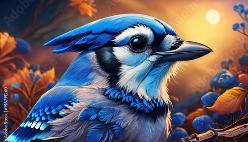 Psychadelic theme Blue Jay. Spirit Animal totem guide illustration	 photo