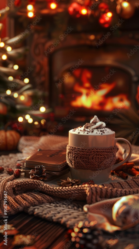 Cozy sweater, hot chocolate, fireplace, autumn vibes Cozy sweater, hot chocolate, fireplace, autumn vibes