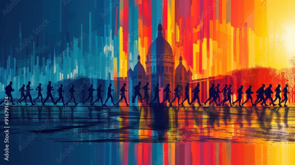 Obraz premium abstract illustration depicting a cityscape with Eiffel Tower at sunset. Silhouette of people walking under colorful sky.