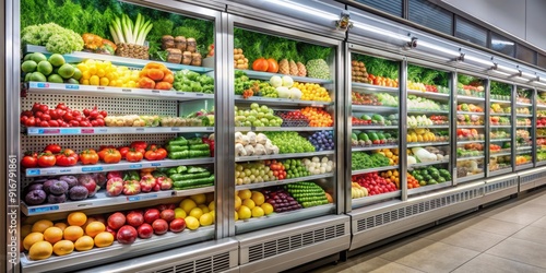 Colorful array of fresh fruits, vegetables, and chilled beverages stocked inside a modern refrigerated deli cooler, perfect for a busy grocery store or market. photo