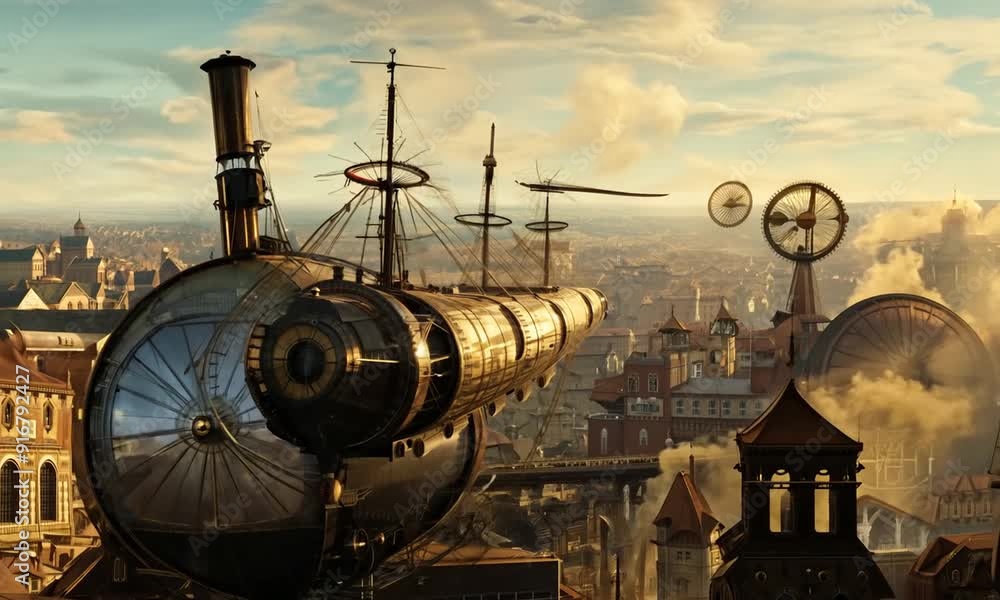 A grand airship floating above a steampunk city. A grand airship floating above a steampunk city.