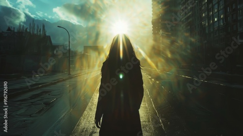 A woman's shadow is cast on a city street, backlit by a striking sunburst through the overcast sky. Concept of loneliness and isolation