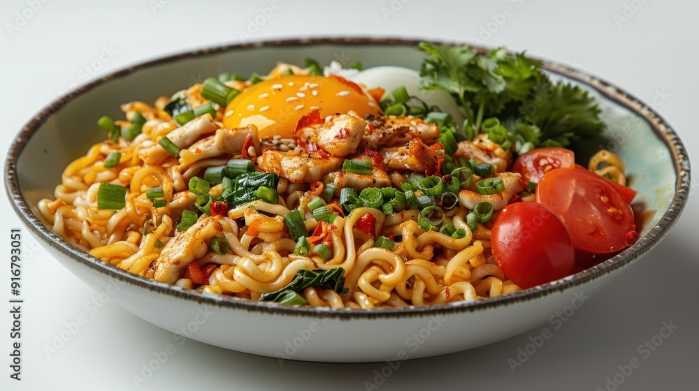 Delicious Bowl of Ramen Noodles with Egg and Fresh Vegetables Delicious Bowl of Ramen Noodles with Egg and Fresh Vegetables