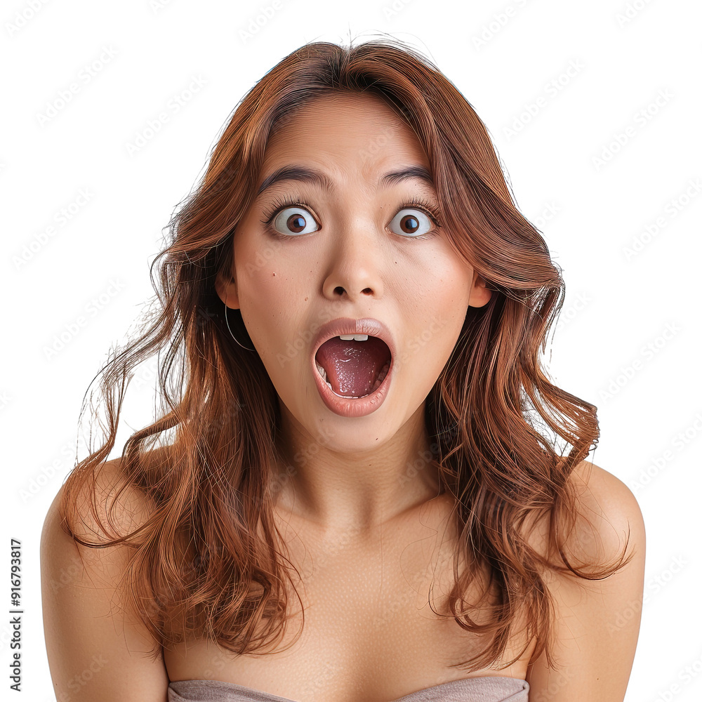 A woman with brown hair and brown eyes is making a surprised face A woman with brown hair and brown eyes is making a surprised face