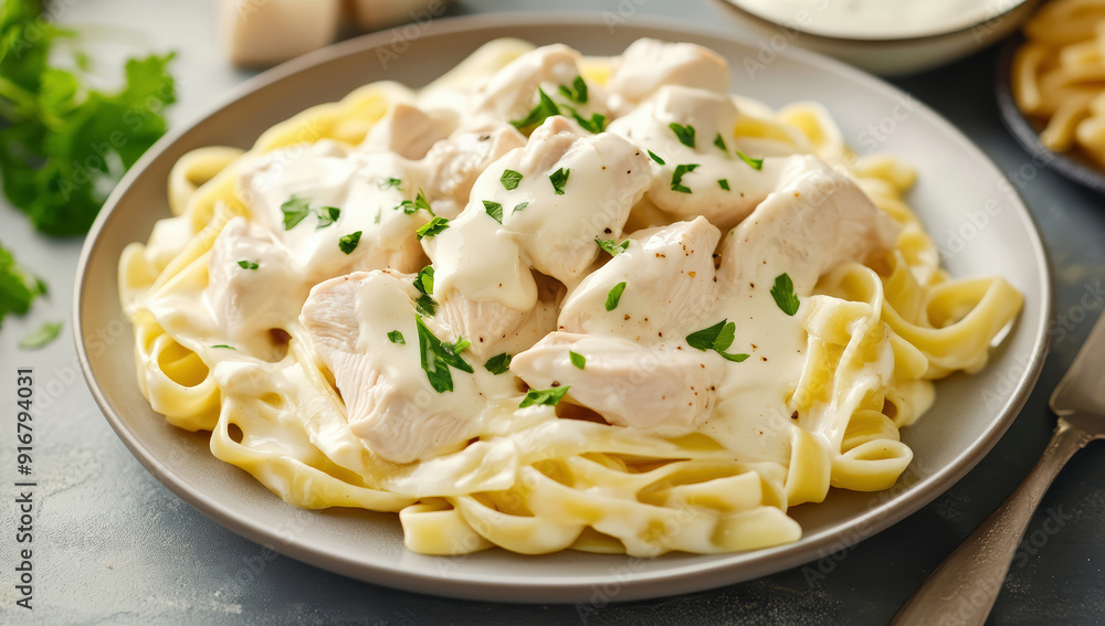 Savory chicken fillet with a creamy alfredo sauce and fettuccine pasta Savory chicken fillet with a creamy alfredo sauce and fettuccine pasta