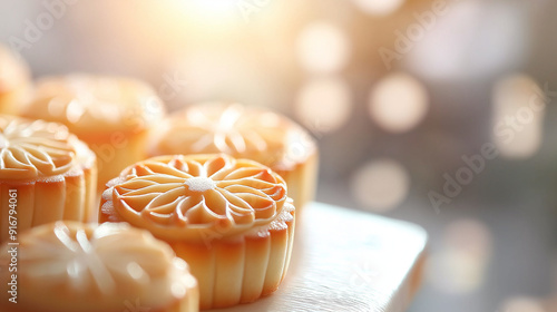 Ornate mooncakes with golden glaze on reflective surface photo