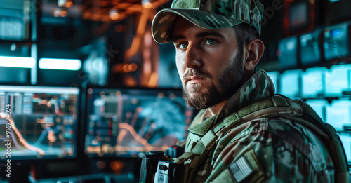 A young military officer in a control room. The concept represents leadership, vigilance, and modern defence operations. Generative AI.