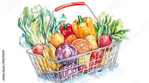 3D Watercolor Illustration: Healthy Grocery Basket -  Stock Image