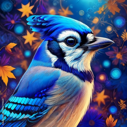 Psychadelic theme Blue Jay. Spirit Animal totem guide illustration. photo