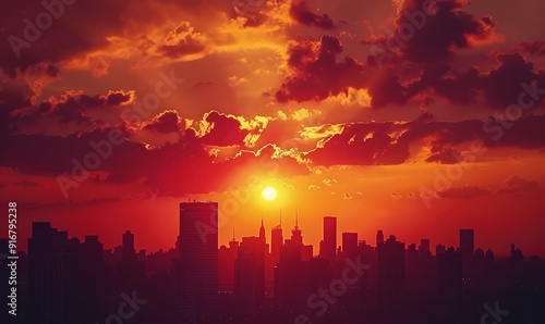 Dramatic sunset over city skyline, silhouette of buildings, fiery sky, urban majesty