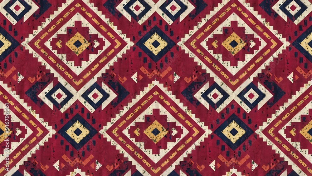 Boho style red carpet bathmat and rug featuring an ethnic design pattern with distressed texture showcasing a diamond geometric kilim ikat motif with grunge effect Boho style red carpet bathmat and rug featuring an ethnic design pattern with distressed texture showcasing a diamond geometric kilim ikat motif with grunge effect