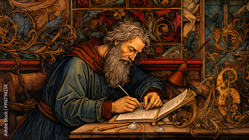 The Scribes Letter - Monk, Writing, Book, Manuscript, Historical, Medieval, Study, Old, Antique, Painting, Artwork, Scholar, Scribe, Desk, Religion, Christianity