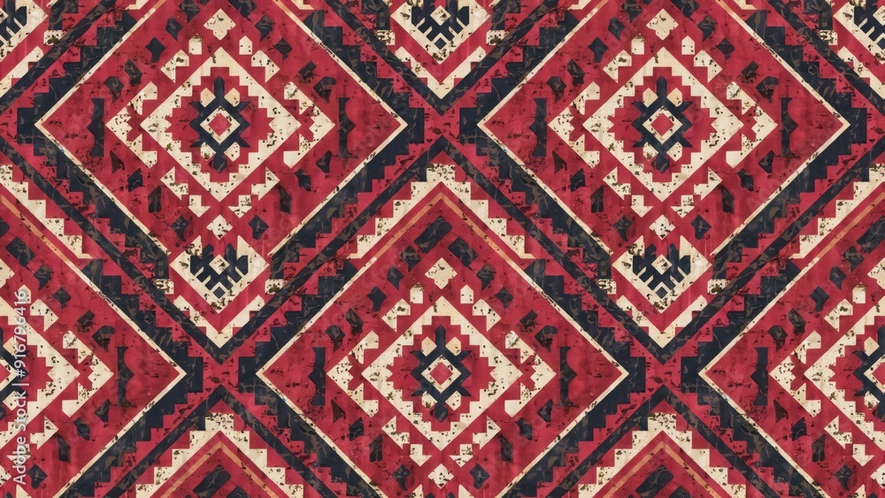 Boho style red carpet bathmat and rug featuring an ethnic design pattern with distressed texture showcasing a diamond geometric kilim ikat motif with grunge effect Boho style red carpet bathmat and rug featuring an ethnic design pattern with distressed texture showcasing a diamond geometric kilim ikat motif with grunge effect