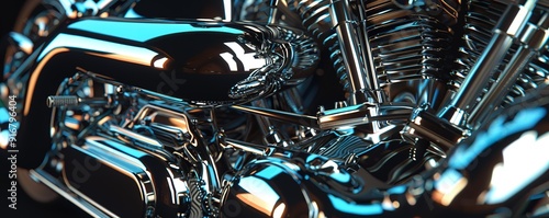 Close up of a chrome motorcycle engine, with vibrant blue and orange highlights. The shiny, reflective surface shows the intricate details of the powerful machine.