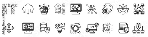 Line icons about information technologies. Contains such icons as cloud computing, data, programming, network, internet, digital transformation and more. IT editable stroke vector icon collection. 