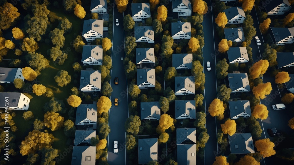 Fototapeta premium Aerial View of Suburban Neighborhood with Trees