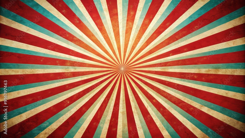 Fototapeta premium Vibrant retro-inspired background featuring a sunburst pattern with radial lines, grunge texture, and a pop of red and white, evoking a classic circus or carnival atmosphere.