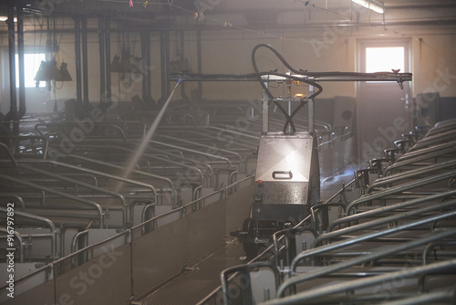A robot washes a modern pig farm in Denmark