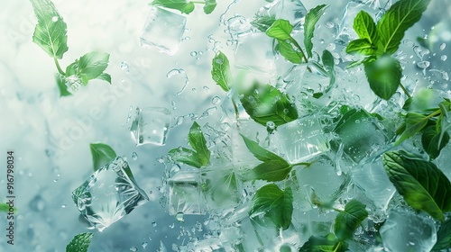 Dynamic explosion of ice fragments, mint leaves on bright background. Banner for advertising campaign.