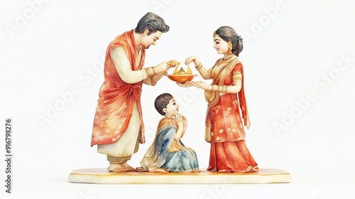 3D Watercolor Painting of Traditional Indian Family Performing Ritual