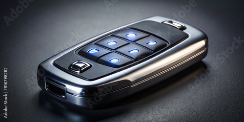 Modern keyless remote control on a dark background, illuminated buttons and LED lights, allowing convenient remote start and lock functionality for vehicles. photo