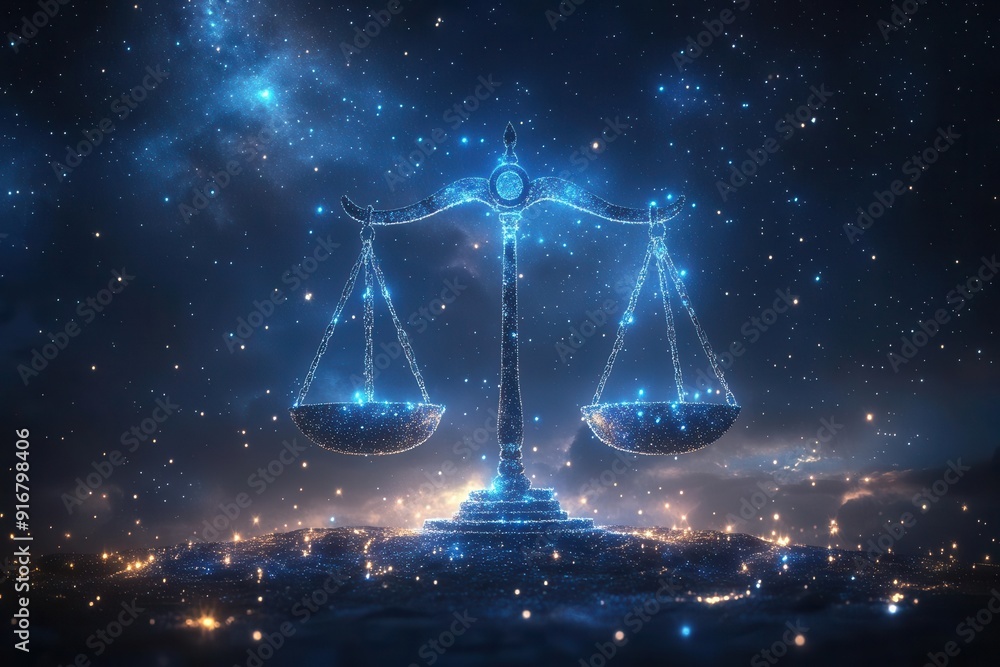 cosmic balance scales ethereal constellation outlines forming justice symbol against starry night sky background cosmic balance scales ethereal constellation outlines forming justice symbol against starry night sky background
