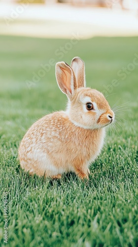 A brown hare sits in vibrant grass, ears up and eyes alert, basking in the gentle warmth of sunlight in a serene meadow photo