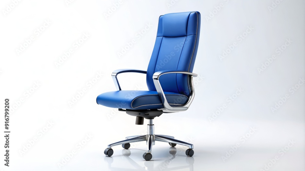 A sleek, modern blue office chair stands isolated on a white background, its curved lines and minimalist design exuding elegance and professionalism. A sleek, modern blue office chair stands isolated on a white background, its curved lines and minimalist design exuding elegance and professionalism.