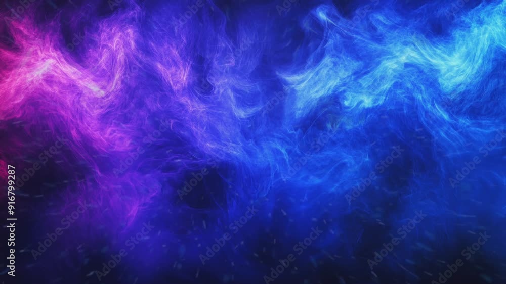 Abstract blue and pink smoke cloud with particles on a black background.
